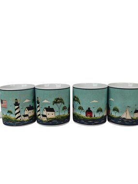 Warren Kimble Coastal Breeze Ceramic Mugs Lighthouse Scene Set Of 4 1998 Sakura